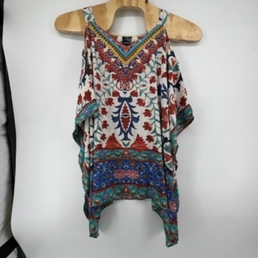 Sakkas Womens Cold‎ Shoulder Poncho Top Boho Embellished Floral One Size 17030